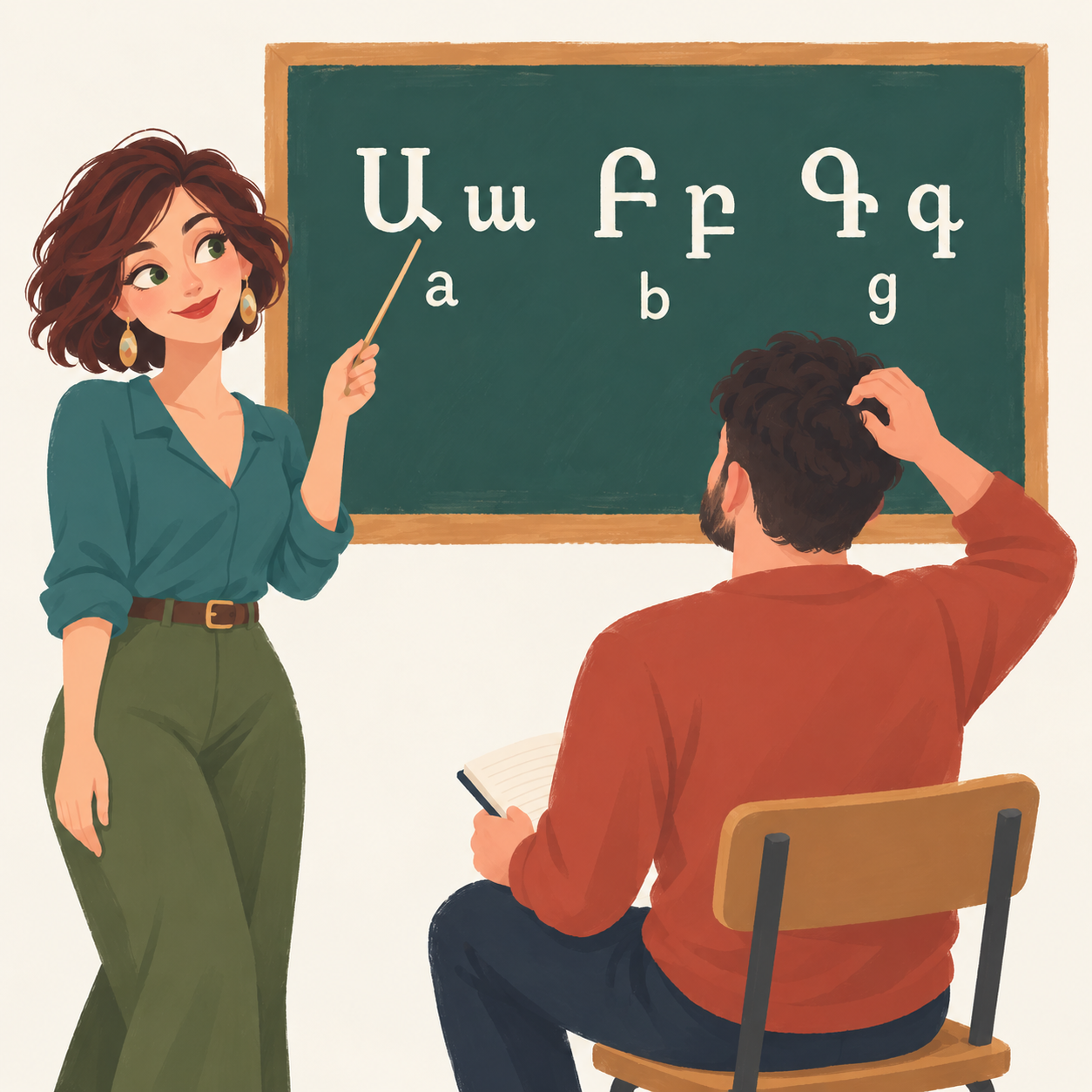 A woman points to Armenian letters on a blackboard while a man studies them and scratches his head.